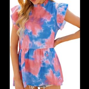 Tie Dye Babydoll Top Ruffle Cap Sleeve Mock Neck Size XL Pink Blue Unbranded New